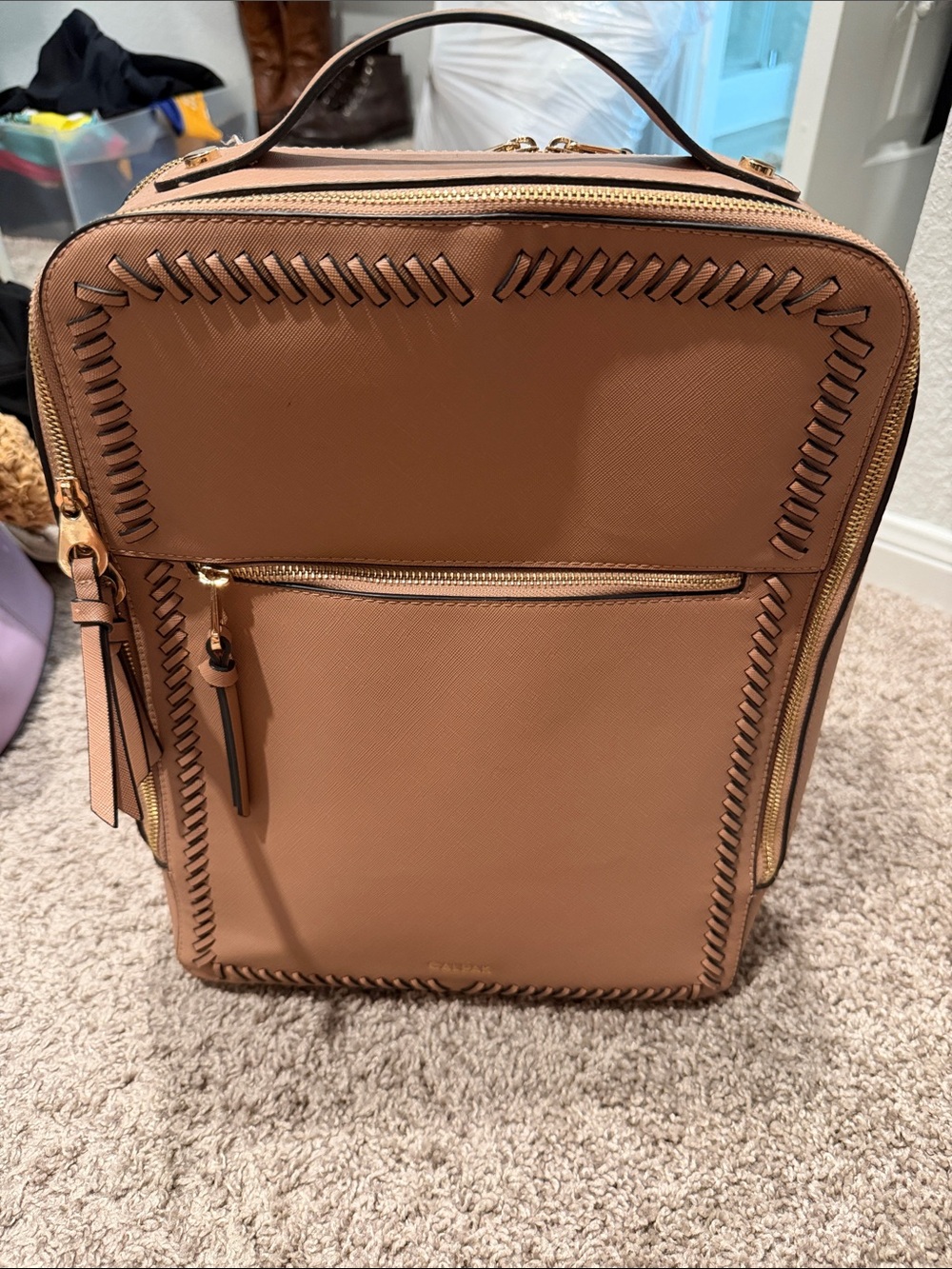 Calpak Tan Leather-Trim Backpack with Whipstitch Detail